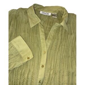 Selene Sport Blouse Women's S Avocado Green Crinkle Square Buttons Sheer Vtg Y2K